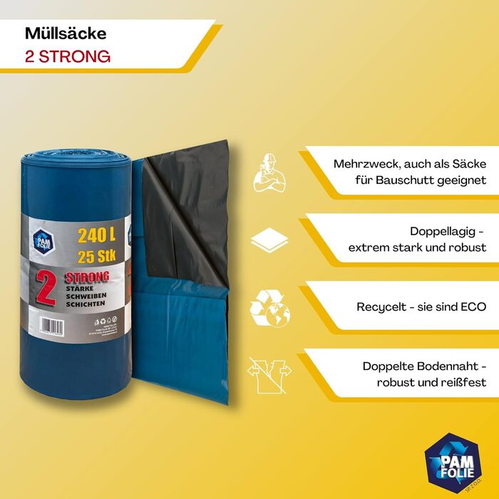 Надзвичайно міцні сміттєві мішки об&39ємом 240 л - 25 шт. - Великі, товсті сміттєві мішки - 100x125 см - Двошарові - Чорно-сині сміттєві мішки - Мішки для будівельних відходів - Універсальні будівельні мішки для відходів