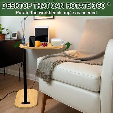 С-подібний журнальний столик, регульована висота (42-82 см), бамбуковий журнальний столик, що обертається на 360, дерево та метал, невеликий журнальний столик, журнальний столик для вітальні, ванної кімнати, ліжка, дивана (бамбук)