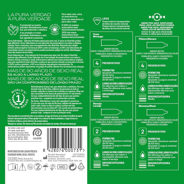 Презервативи Durex - &39Saboreame&39 з фруктовими смаками - полуниця, банан, апельсин та яблуко - 12 презервативів