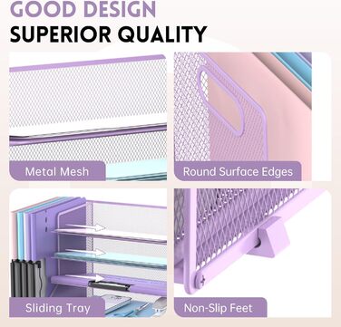 Настільний органайзер SUPEASY з тримачами для файлів, 5-ярусний сітчастий органайзер для лотків для листів з тримачем для ручок та шухлядою, настільний органайзер та місце для зберігання з 3 похилими сортувальниками файлів, фіолетовий