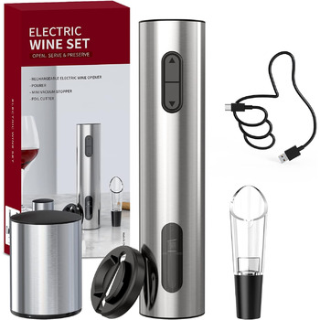 Електричний набір відкривачів для вина CIRCLE JOY Електричний штопор Акумуляторний відкривач винних пляшок для вина Подарунковий набір для вина з різаком для фольги, аератором для вина та вакуумною пробкою для вина, срібний акумуляторний набір вин - срібл