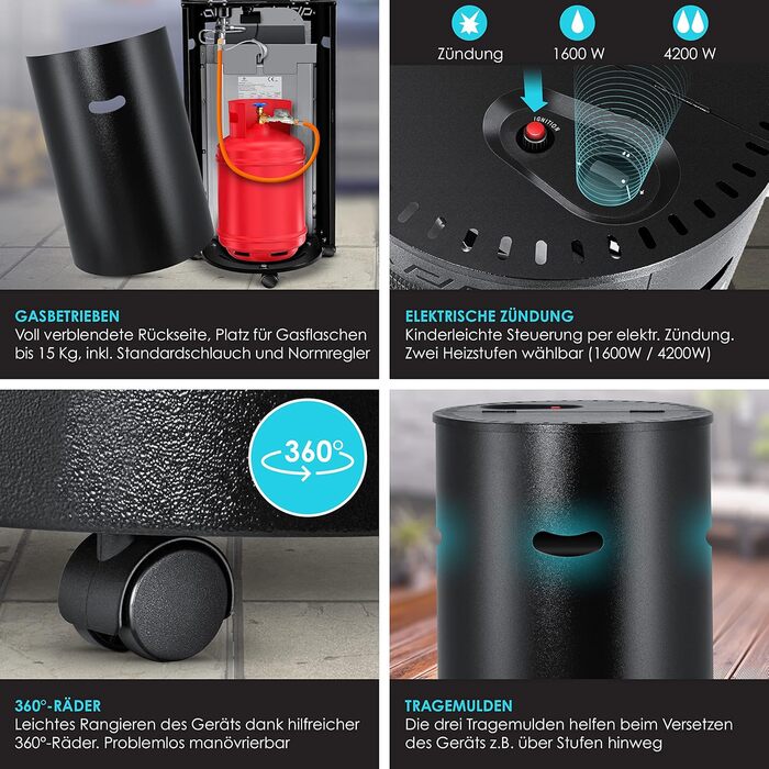 Керамічний газовий обігрівач KESSER® потужністю 4200 Вт, включаючи регулятор тиску газу, газовий шланг, газовий обігрівач із захисним чохлом, газовий обігрівач, інфрачервоний керамічний пальник, газові балони з бутаном або пропаном, чорний колір