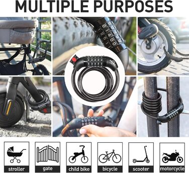 Кабельний замок для велосипеда та самоката, 5-значний код, з можливістю скидання, кодовий замок, захист від крадіжки, надійна фіксація, 177,8 см (70 дюймів), комплект з 2 шт.