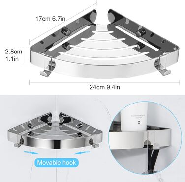 Полиця для душу DUFU Кутова полиця, полиця для душу без свердління Полиця для ванної кімнати з нержавіючої сталі SUS304, самоклеючий кошик для душу, кутовий органайзер для ванної кімнати, тримач для шампуню з 4 гачками для душу (срібло-2 шт.)
