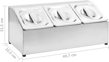 Підставка vidaXL Gastronorm з 3 контейнерами GN 1/6, кришками, верхньою полицею, стійкою для гастроконтейнерів, контейнерами для інгредієнтів, нержавіюча сталь, 49,7 x 22,5 x 21,5 см (22,5 x 49,7 x 21,5 см)