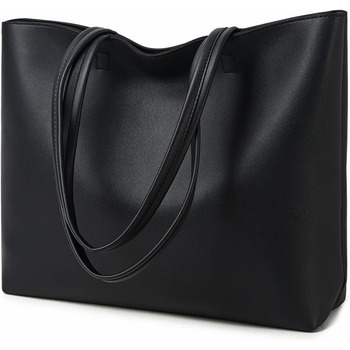 Жіночі сумки з ручкою, прості сумки PU шкіряні сумки для роботи, школи, шопінгу на блискавці та внутрішньою кишенею чорні