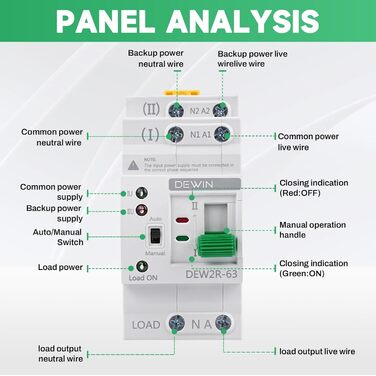 Автоматичний перемикач DEWIN, перемикач на DIN-рейку, подвійний автоматичний перемикач живлення ATS, електричний перемикач 2P 63A 220V