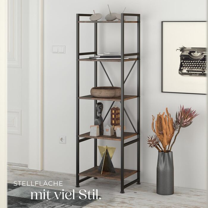 Книжкова полиця tectake Industrial Design, Відкритий стелаж з 5 полицями, Вінтажна окремостояча полиця із захистом від перекидання, Вузька полиця для офісу, вітальні, кухні, 47,5x34,5x151,5 см - Темне дерево в індустріальному стилі, Рустикальний темно-кор