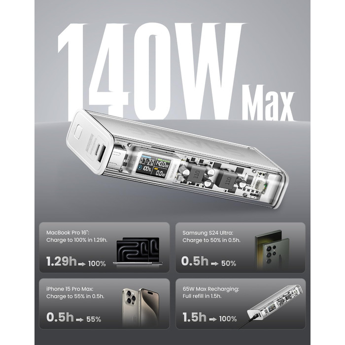 Прозора акумуляторна батарея з портами USB-C USB-A і розумним дисплеєм, ноутбук зовнішні акумулятори для мобільних телефонів для i