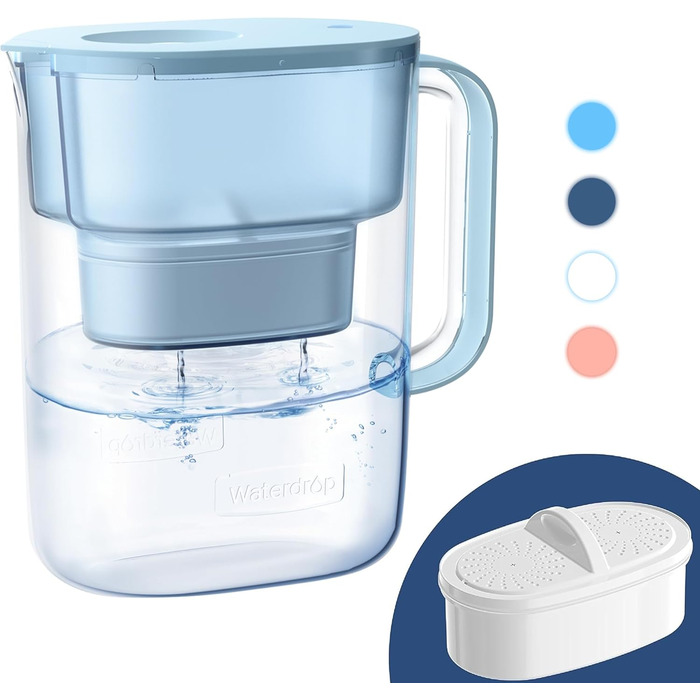Глечик Waterdrop Lucid Water Filter Pitcher з 190-денним фільтром, 3,5 л, зменшує вміст фтору, хлору тощо, сертифікований NSF, без бісфенолу А, синій (замінний фільтр WD-PF-01A Plus)