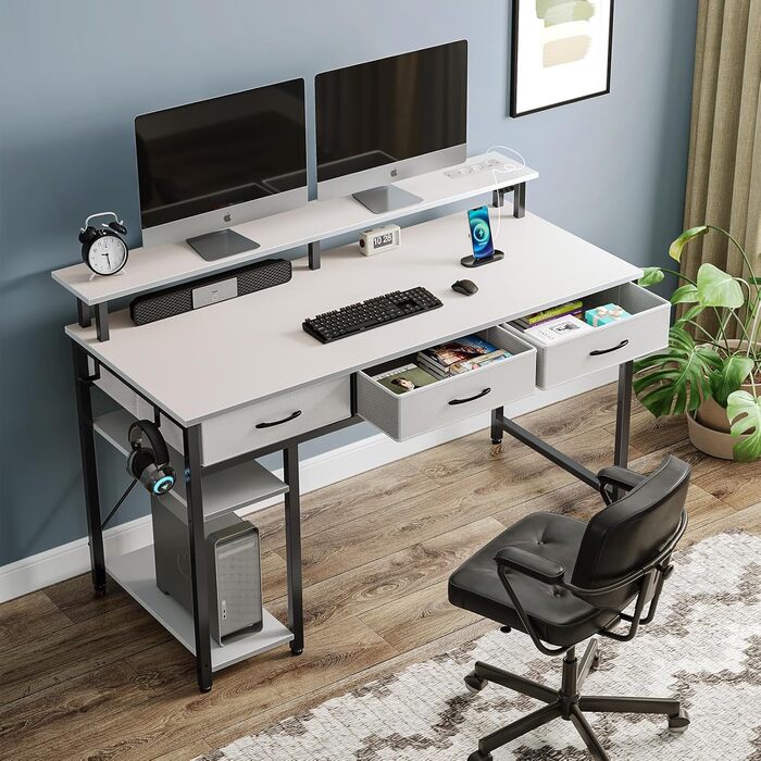 Письмовий стіл Rolanstar з шухлядами, комп&39ютерний стіл з розетками та світлодіодним освітленням, ігровий стіл з підставкою для монітора, полицею та 2 гачками, ігровий стіл для офісу, вітальня (білий, 137x47x90,5 см) білий 137 см