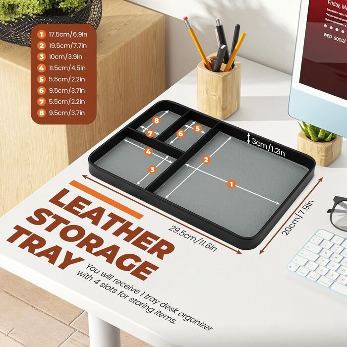 Чоловічий органайзер для столу, 4 відділення, високоякісна штучна шкіра, лоток для зберігання речей для всіх тумбочок, лоток для коштовностей, тумбочка для ключів, годинника, телефону, коштовностей, EDC, чорний