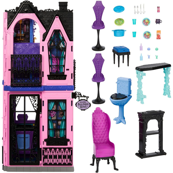 Ляльковий будиночок Monster High Boo-tique Hotel, складаний ігровий набір із моторошними сюрпризами в кожній кімнаті та понад 13 ігровими елементами, включаючи меблі та аксесуари, JBF16 Чорний - Boo-tique Hotel