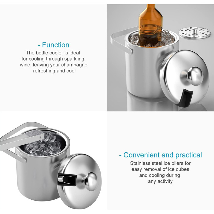 Набір для льоду Intirilife з 4-х предметів 1 л з нержавіючої сталі з щипцями та кришкою -14,2 x 19,5 см - Ізольований, двостінний