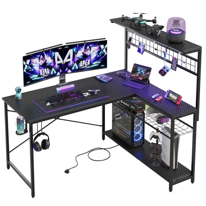 Геймерський стіл Bestier 130 см L-подібний, двосторонній кутовий стіл з розетками, світлодіодним підсвічуванням, 4 полицями, гачками та підставкою для чашок, ідеально підходить для домашнього офісу та ігор, 130 см з вуглецевого волокна, чорний