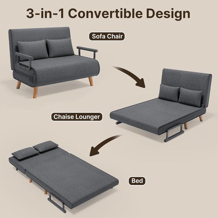 Місний диван-ліжко Xbro, крісло-ложок з регульованою спинкою та 2 подушками, крісло з функцією сну для невеликих квартир (темно-сірий), 2-