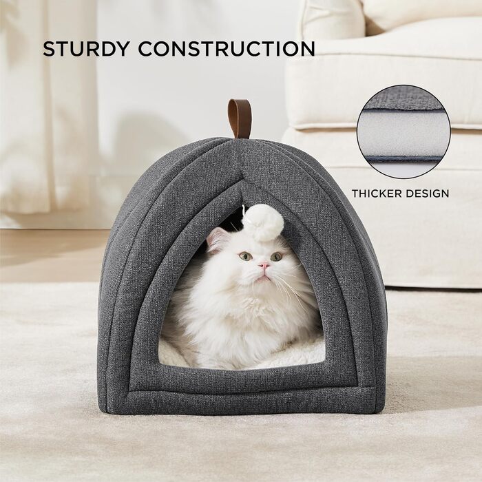 Котяче ліжко BEDSURE для великих котів, котяча печера - 40x40x40 см для приміщень зі знімною подушкою для котів шерпа та підвісною іграшкою, котяче ліжко, яке можна прати, темно-сіре