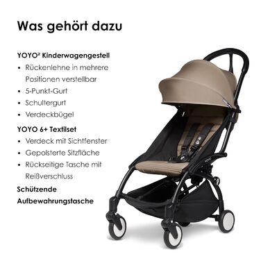 Коляска BABYZEN YOYO2 (рама чорного кольору та текстильний комплект 6 Taupe) - в комплекті ремені безпеки, спинка, перекладина, пл