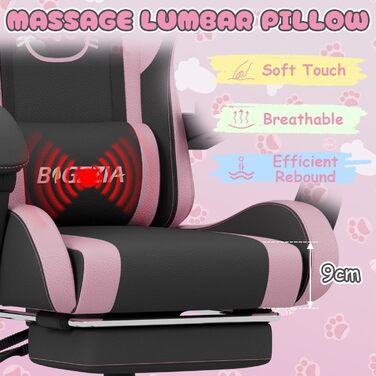 Ігрове крісло bigzzia з функцією масажу та підставкою для ніг ергономічне ігрове крісло для дівчат та дорослих, ігрове крісло з опорою для голови та попереку та котячими вушками (чорно-рожеве)