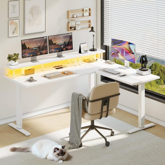 Стіл OffiGo з регульованою висотою, кутовий стіл 150x120 см з кріпленням для монітора, електричний L-подібний стіл з розетками, комп&39ютерний стіл зі світлодіодною стрічкою для офісу, білий