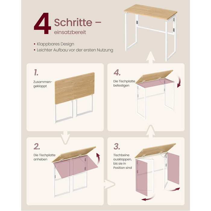 Складаний стіл, Невеликий складаний стіл, Комп&39ютерний стіл, Цільна стільниця, Закруглені кути, Стіл для домашнього офісу, Спальня, 80 x 40 см, Натуральний дуб LWD151YD01 80 x 40 см Натуральний дуб