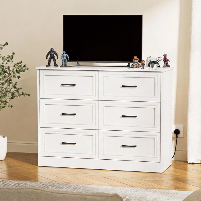 Комод з розетками, комод з 6 шухлядами, 2 USB та 2 розетки змінного струму, дерев&39яний комод, для спальні, вітальні, коридору, 106 x 81,5 x 39 см, білий
