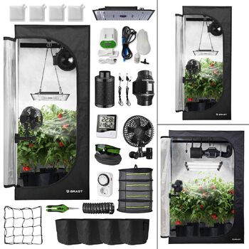 Гроубокс BRAST Growzelt Комплект для вирощування з додатковим обладнанням Різні розміри 60x60x140-120x60x180 см LED технологія повного спектру Система вентиляції та поливу Водонепроникний та світлонепроникний 70x70x160 см XL