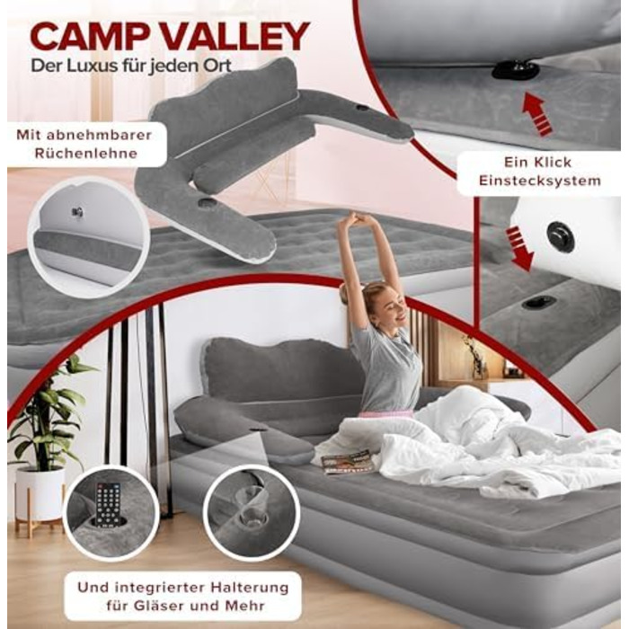 Надувне гостьове ліжко Camp Valley для 2 осіб зі спинкою – самонадувне, з вбудованим насосом, 200×150×40 см