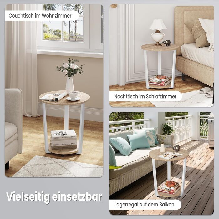 Круглий журнальний столик WOLTU, сучасний журнальний столик, невеликий столик для вітальні, диванний столик з 2 полицями, столик для вітальні для дивана, тумбочка, з місцем для зберігання, виготовлений з інженерної деревини, світлий дуб, BTS13hei