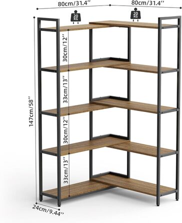 Книжкова полиця Mondeer, окремостояча полиця з 5 полицями, регульована ширина від 80 до 146 см, для вітальні, кабінету, офісу, вінтажно-коричневий колір