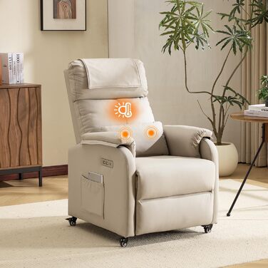 Крісло Bonnlo Recliner, крісло для телевізора, електричне масажне крісло з функцією відкидання, крісло для телевізора, 2-точковий масаж та функція підігріву, порти USB-C та USB-A, 1 бічна кишеня, шкіра, стійка до подряпин, бежевий колір