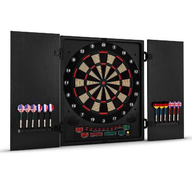 Електронний дартс oneConcept Dartmaster 180, E-Darts, Мішень для гри в дартс до 8 гравців, віртуальний суперник, світлодіодні дисплеї, 12 чорних дротиків з малюнком