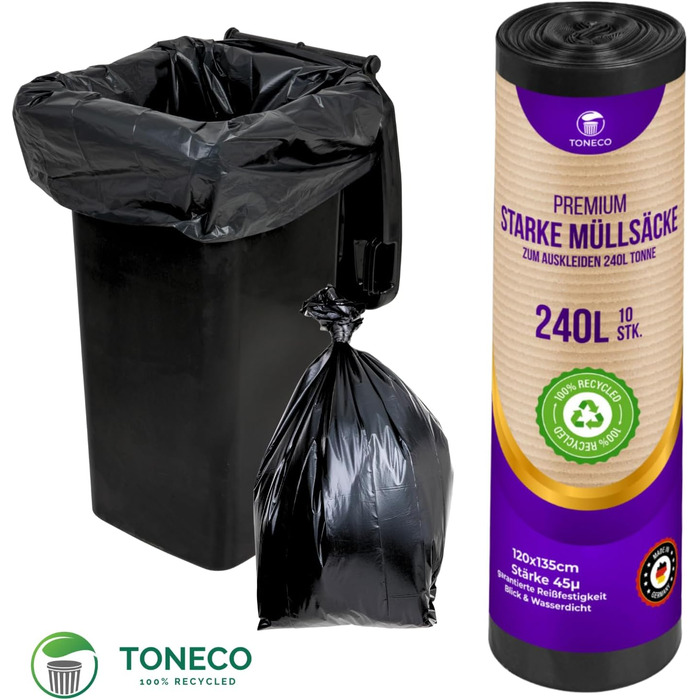 Міцні сміттєві пакети 240 л - чорні - для муніципальних контейнерів для відходів - 100 перероблені - (від 10 до 300 пакетів) (20)