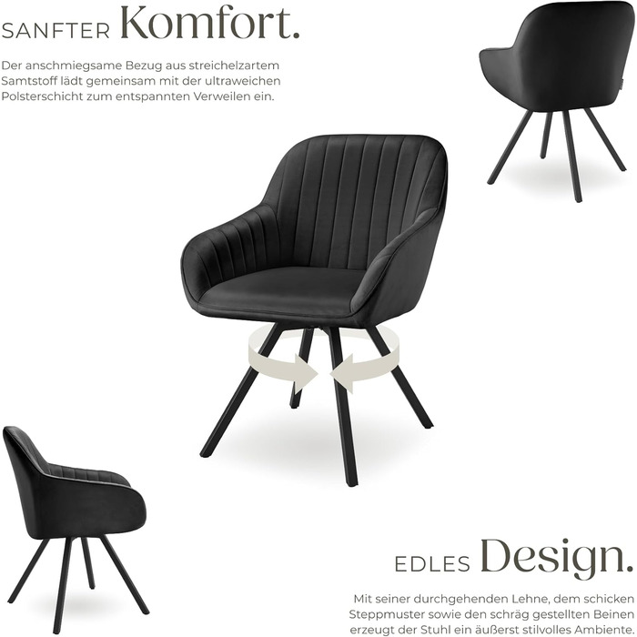 Обідні стільці tectake з підлокітниками, ергономічне крісло-обшивка з оббивкою з стьобаного оксамиту, обертові стільці для вітальні, обіднього столу, кабінету, туалетного столика, кухонних стільців - комплект з 4 шт. , чорний