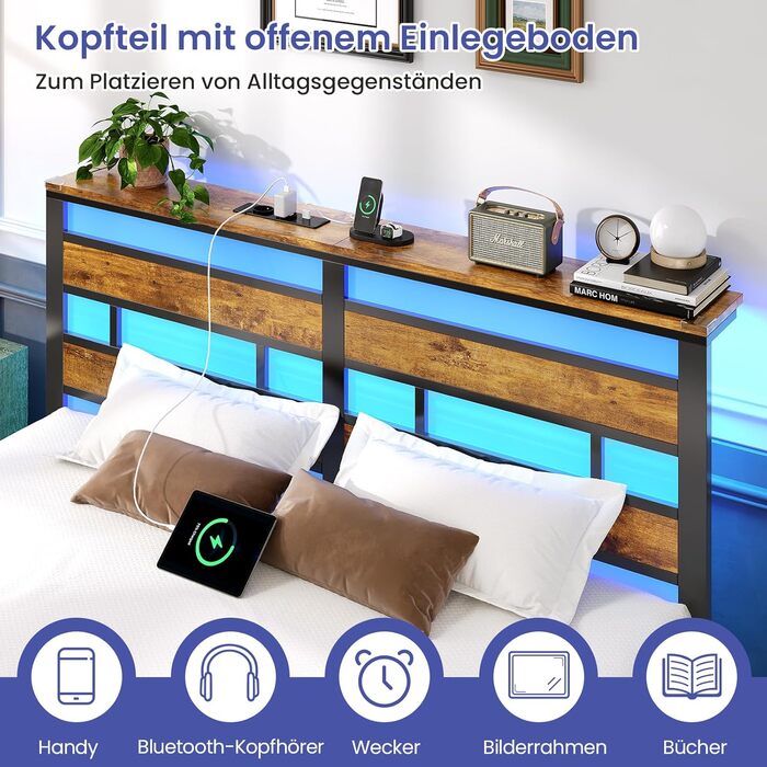 Ліжко 140x200 з металевою рейковою основою, двоспальний каркас ліжка 140x200 см зі світлодіодним освітленням та зарядною станцією (2 розетки змінного струму, 1 порт USB та 1 порт Type-C), металеве ліжко з узголів&39ям, чорно-коричневе, 140x200 см