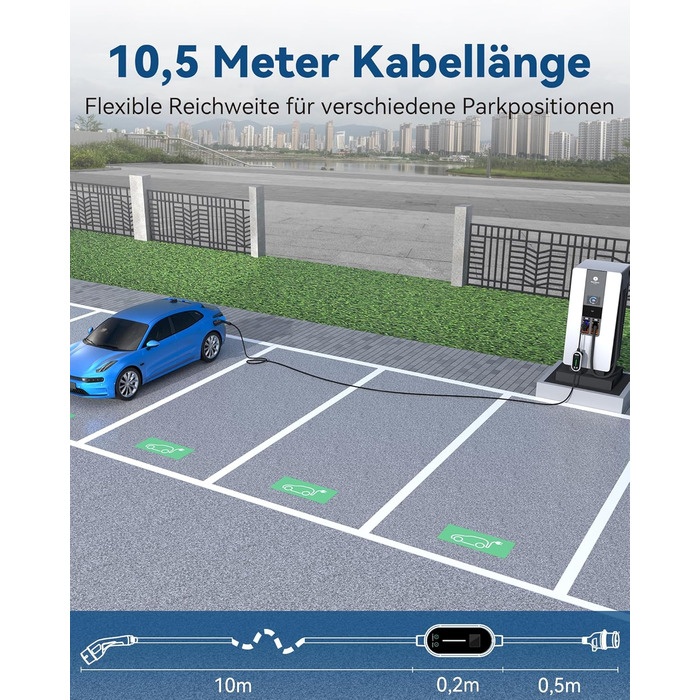 КВт, тип 2, штекер CEE 32 A, 10,5 м), зарядний пристрій для електромобілів із регульованою функцією заряджання за розкладом від 8 A до 32 A, зарядний кабель типу 2 CEE, сумісний з електромобілями та гібридами, 7,4