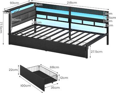 М&39який диван-ліжко 90x200 зі світлодіодним освітленням, зарядною станцією, кушеткою, дитячим ліжком з 2 шухлядами та металевим рейковим каркасом, м&39яким узголів&39ям з відкритим місцем для зберігання, чорний 90 x 200 см