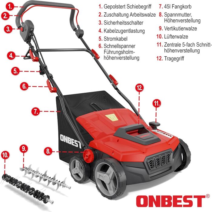 В-1 Електричний Вертикуттер 1800 Вт Ширина захоплення 38 см Обєм травозбірника 45 л з Вертикутуючим та Аераційним Валками для Видалення Моху/Бурянів та Покращення Повітряного Обміну Газону, 2-