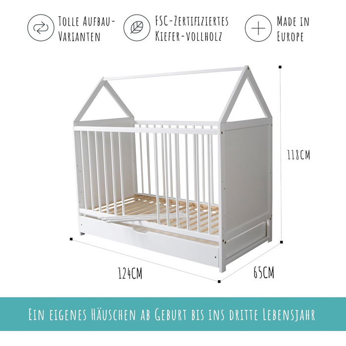 Дитяче ліжечко Двоспальне ліжечко 60x120 см з шухлядою та матрацом Ліжко для дому Дитяче ліжко 120x60 см біле з шухлядою, регульов