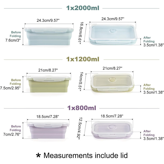 Складаний ланчбокс герметичний, набір з 3-х контейнерів для їжі з силікону 800 мл, 1200 мл, 2000 мл. Ідеально підходить для кемпінгу, пікніків, офісу та кухні.