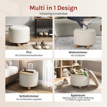 Табурет WOLTU з місцем для зберігання речей, круглий м&39який пуф для ніг, журнальний столик з ніжками з масиву дерева, пуф для ніг з кришкою, лляний чохол, Ø39x33 см, кремово-білий