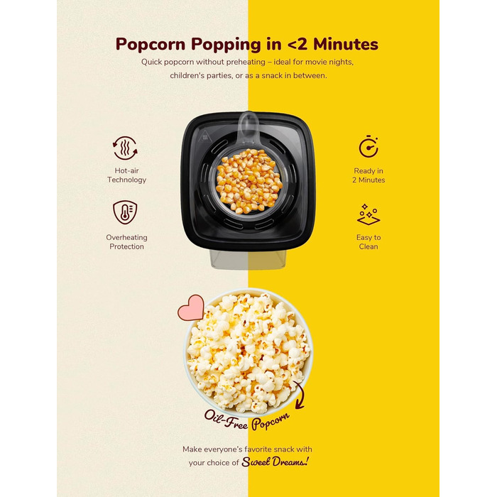 Виробник попкорну Bestron, турбо-попкорн менш ніж за 2 хвилини, машина для приготування попкорну з технологією гарячого повітря, включаючи 10 пакетиків для попкорну та вбудовану мірну чашку, колекція Sweet Dreams, колір рожевий