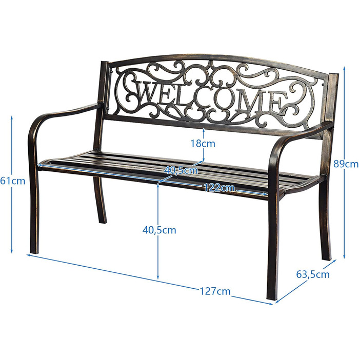 Садова лавка GOPLUS атмосферостійка, 2-3 місна паркова лавка, виготовлена з чавуну, вулична лавка зі спинкою та підлокітником, металева лавка вантажопідйомністю до 320 кг, антикварна лавка садова паркова тераса (бронза)