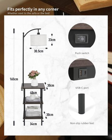 Торшер з полицею та USB-A/C для вітальні та спальні, горіх, 30 x 40 x 165 см