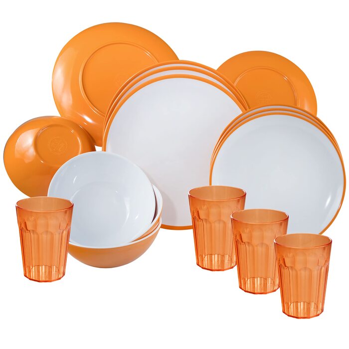 Набір посуду для кемпінгу з меламіну та скла для 4 осіб - 16 предметів - кемпінговий посуд - жовтий та білий - зі склянками об&39ємом 450 мл - склянки - набір посуду з 16 предметів - тарілки склянки, помаранчевий, 450 мл