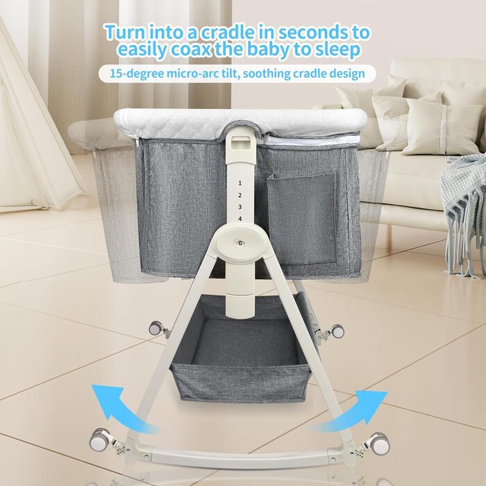 Ліжечко 3-в-1, дорожнє ліжечко для немовлят з матрацом, 6-позиційне регульоване по висоті дитяче ліжечко з верхньою платформою, портативна колиска з колесами для дітей до 36 місяців - 92 x 52 x 106-118 см - Білосніжний сірий