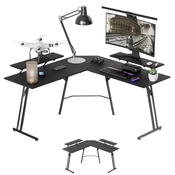 Подібний ігровий стіл, комп&39ютерний стіл з підставкою для монітора, кутовий стіл, ергономічний ігровий комп&39ютерний стіл, ПК-стіл для кабінету, спальні та офісу (Чорний - 50x140x73см) 140см, з підставкою для монітора