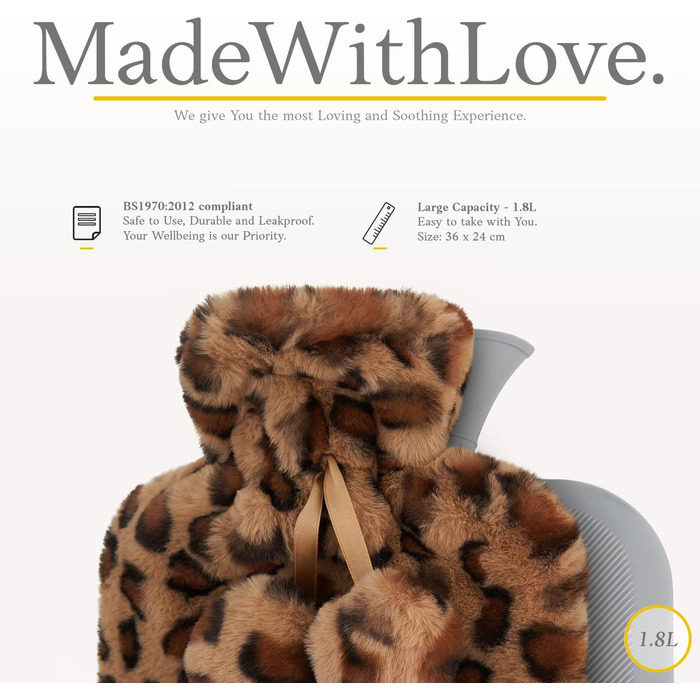Грілка Qomfor з пухнастим чохлом - М&39який преміальний чохол зі штучного хутра - Велика місткість 1,8 л - Грілка для затишних ночей, полегшення болю, для спини, шиї та плечей - Чудовий подарунок - Коричневий леопардовий принт