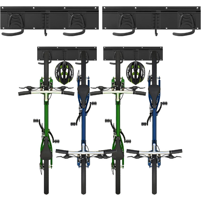 Настінна стійка для велосипеда Sinoer, настінне кріплення для 4 велосипедів 2 шоломи, гачок для зберігання інструментів регульований для гаража або будинку, вертикальна вішалка для велосипеда (внутрішня ширина 90 мм) - 2 рейки 4 велосипеда - 16 дюймів - 2