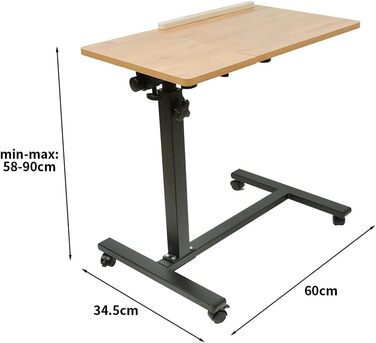 Журнальний столик з колесами, стіл для догляду з регульованою висотою, комп&39ютерний стіл, стіл для ноутбука, офісний комп&39ютерний стіл, приліжковий столик для ліжка для догляду за хворими, письмовий стіл (дерево 60.34.5.58/90см) Дерево (60.34.5.58/90с